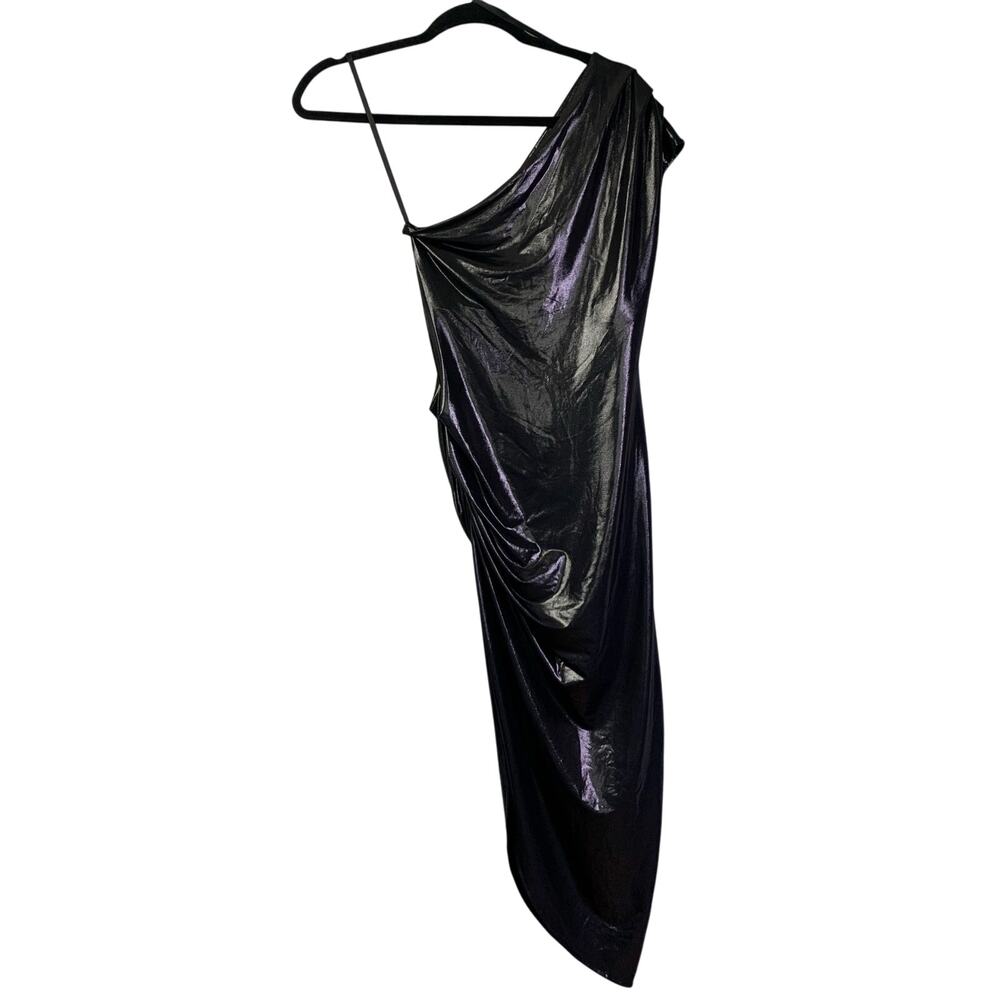 BEBE Dress XS Vintage Asymmetrical Hemline Draped Liquid Metallic Dark Silver